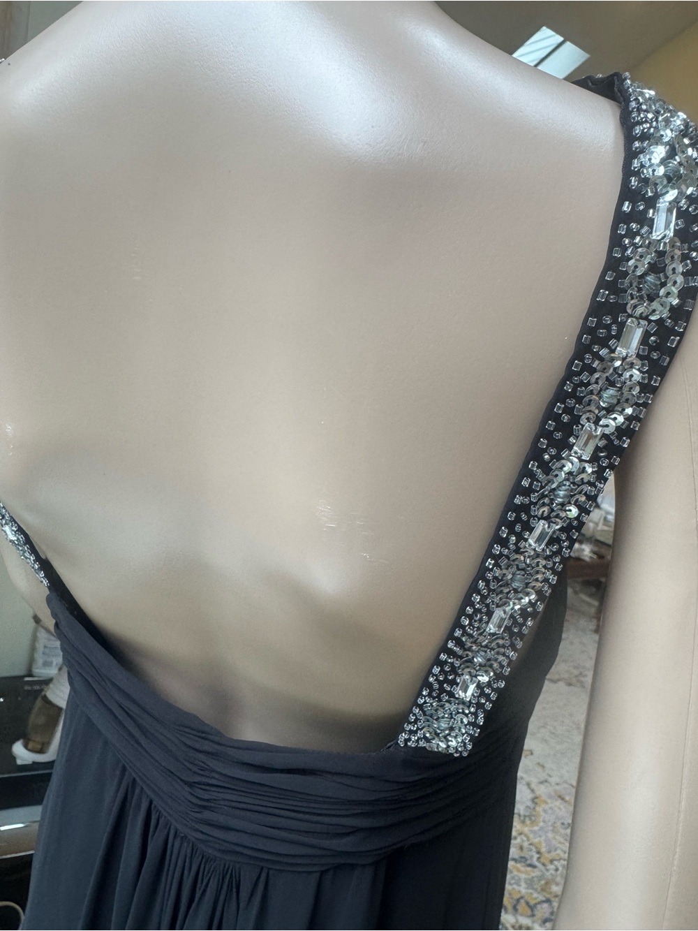 Black Chiffon Halter Evening Gown with Crystal Cross-Strap - Picture 13 of 14